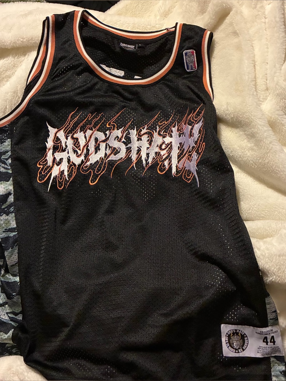 God’s Hate Men’s L  44 Tank Jersey Black Orange Spell Out Rare Sleeveless Mesh